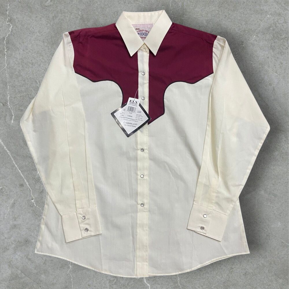 Country Charmers Vintage NWT Western Pearl Snap Button Shirt Cream Maroon Mens L